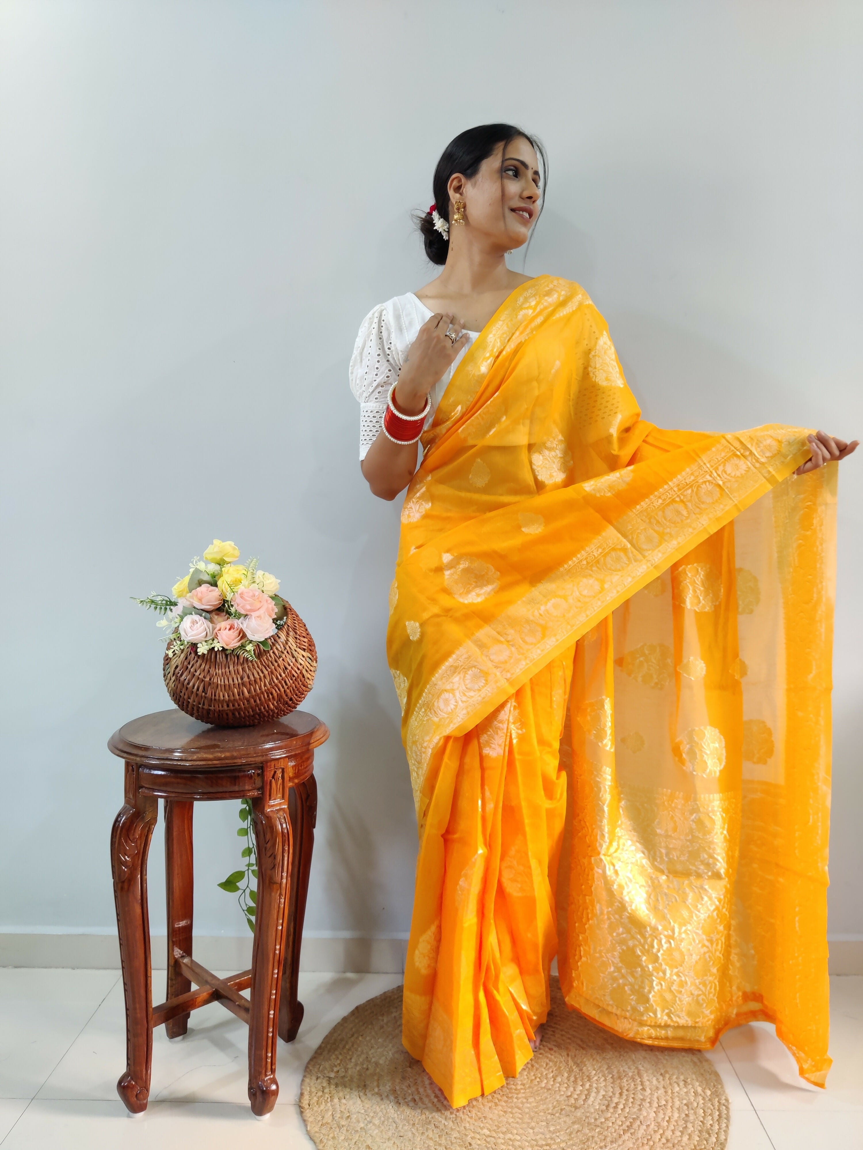 Malishka Cotton Silk Jacquard Ready To Wear Saree With Blouse Piece - Yellow - Distacart