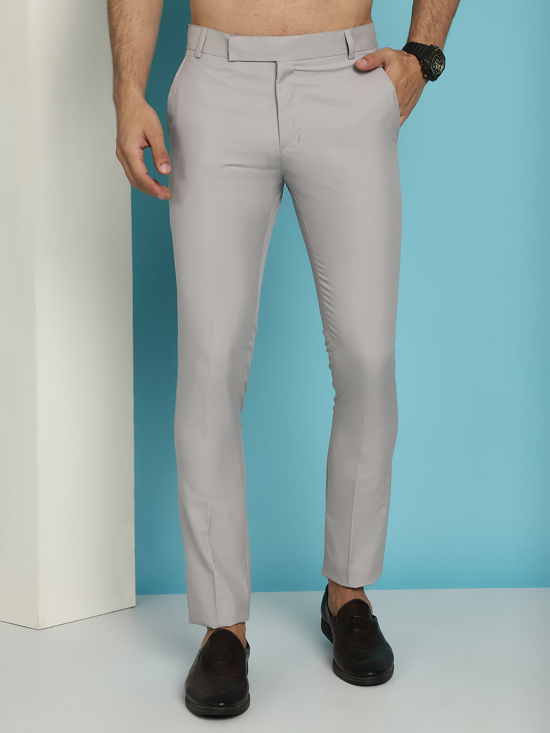 Indian Needle Men's Solid Cotton Formal Trousers - Light-Grey - Distacart