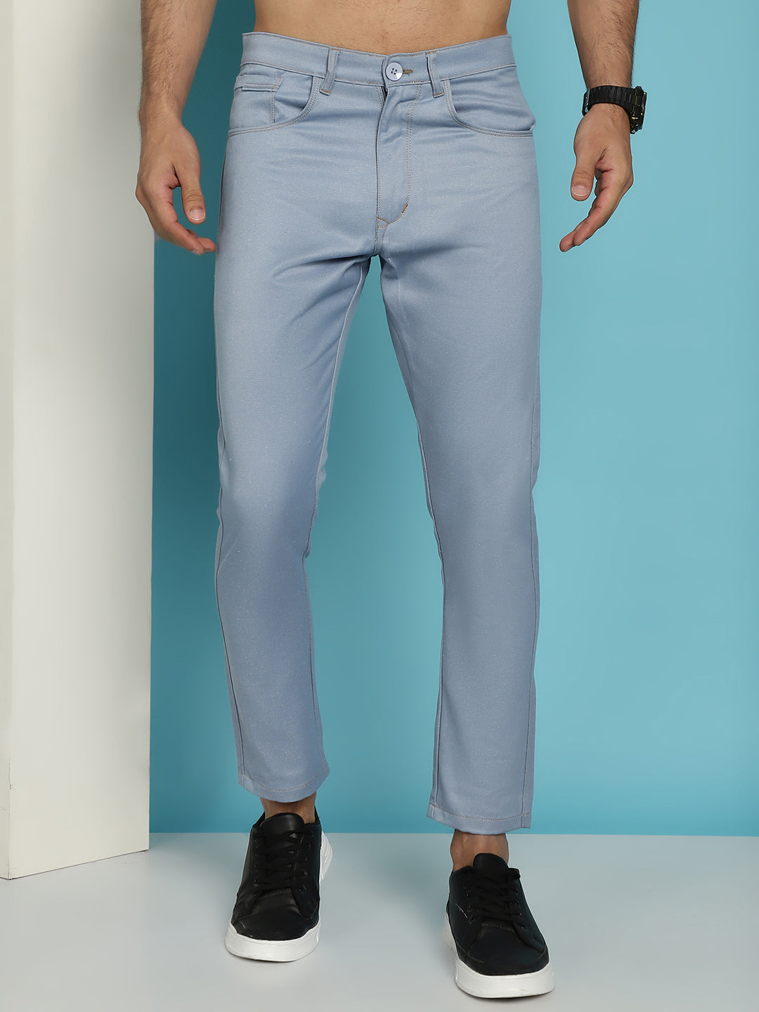 Indian Needle Men's Blue Solid Cotton Casual Trouser - Blue - Distacart