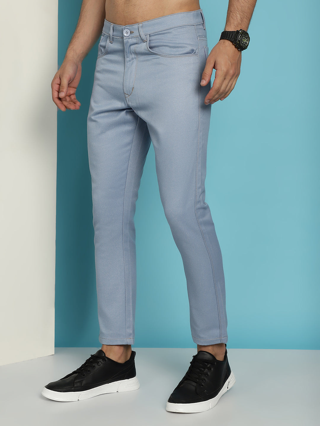 Indian Needle Men's Blue Solid Cotton Casual Trouser - Blue - Distacart