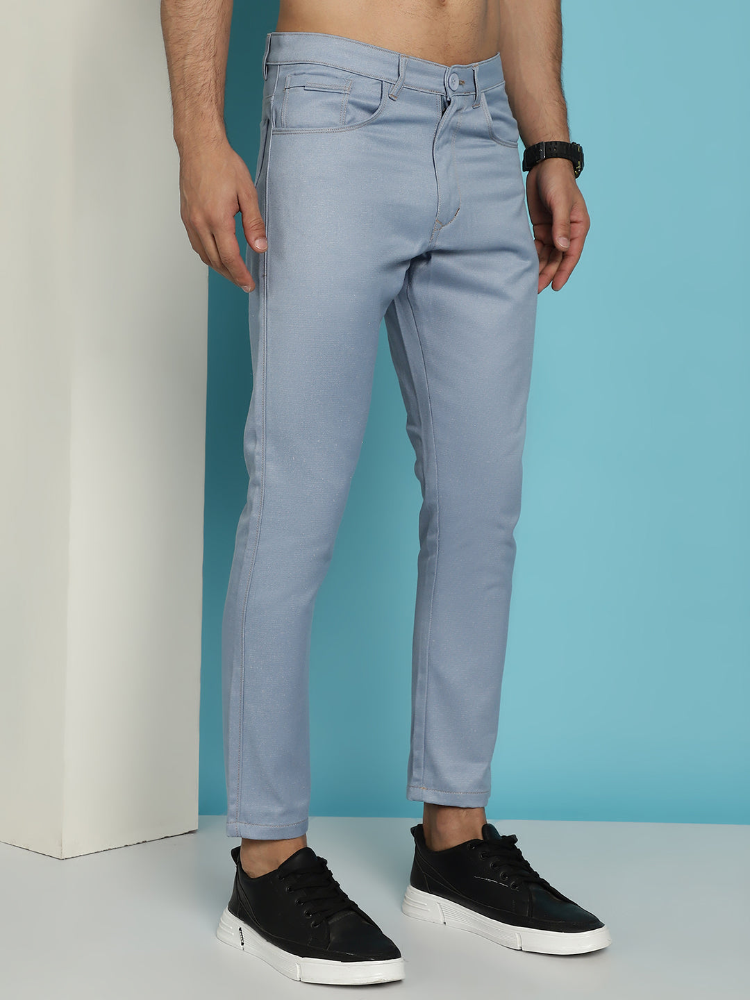 Indian Needle Men's Blue Solid Cotton Casual Trouser - Blue - Distacart