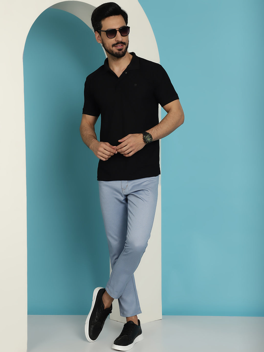 Indian Needle Men's Blue Solid Cotton Casual Trouser - Blue - Distacart