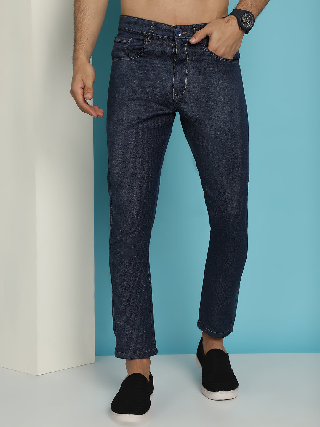 Indian Needle Men's Navy Blue Solid Cotton Casual Trouser - Distacart