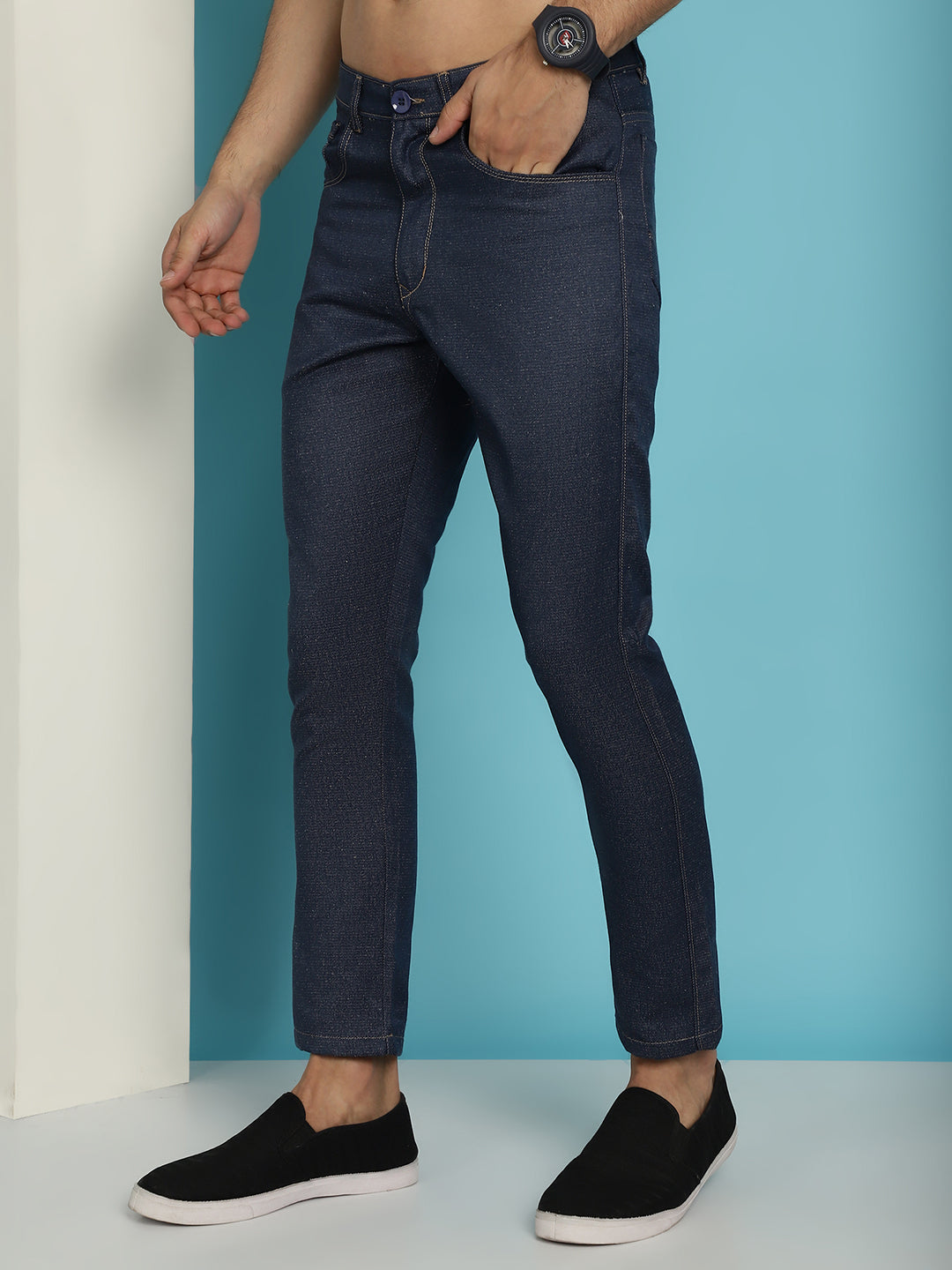 Indian Needle Men's Navy Blue Solid Cotton Casual Trouser - Distacart