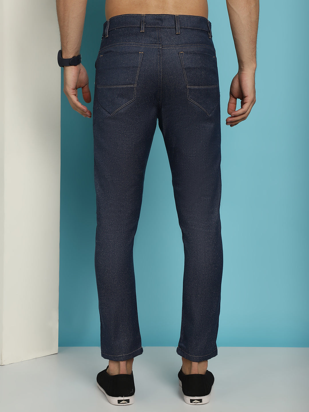 Indian Needle Men's Navy Blue Solid Cotton Casual Trouser - Distacart