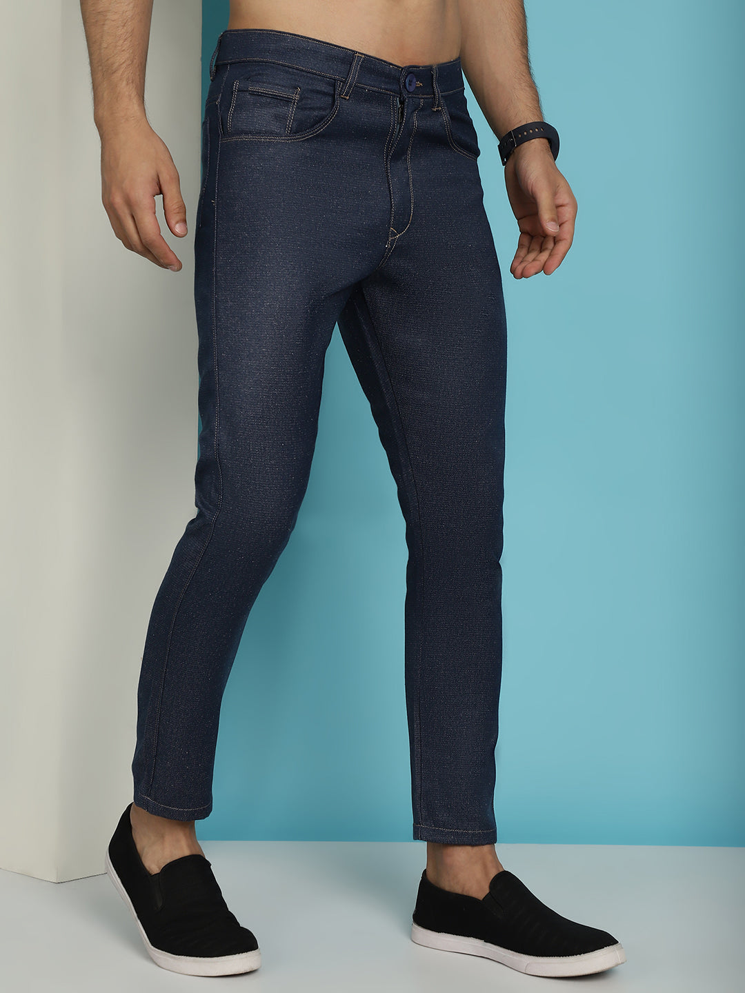 Indian Needle Men's Navy Blue Solid Cotton Casual Trouser - Distacart