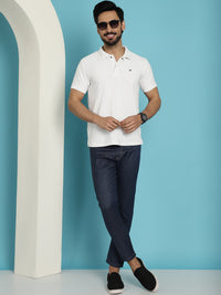 Thumbnail for Indian Needle Men's Navy Blue Solid Cotton Casual Trouser - Distacart