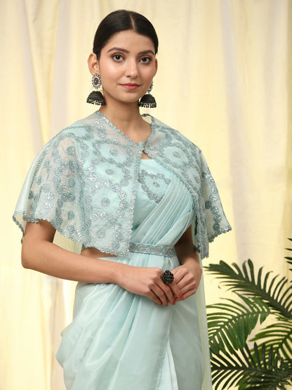 Blue Satin Solid Ready to wear Saree with stitched Blouse - Vanita - Distacart