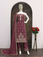 Thumbnail for Anaita Purple Chinon Silk Stitched Suit with Embroidery & Sequence Work - Distacart