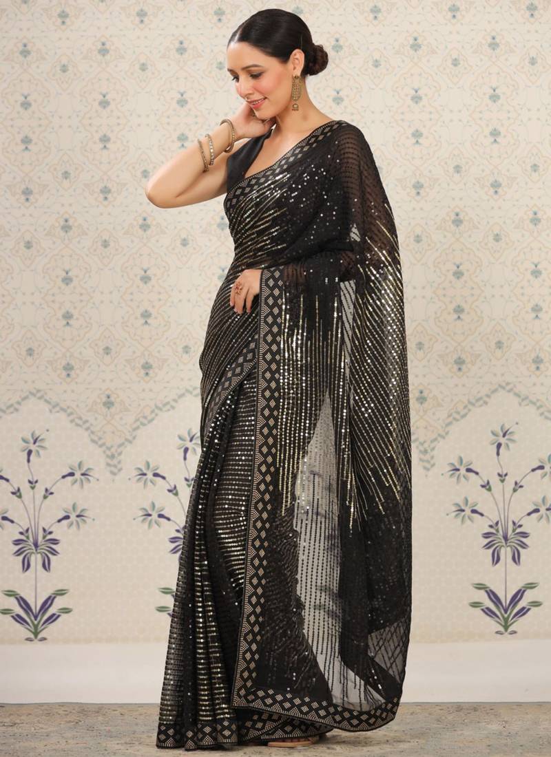 Vegaa Fashion Black Heavy Georgette Sequence Embroidery Saree