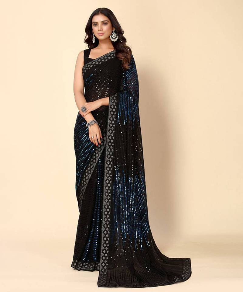 Vegaa Fashion Royal Blue Heavy Georgette Sequence Embroidery Saree