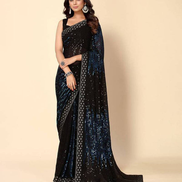 Vegaa Fashion Royal Blue Heavy Georgette Sequence Embroidery Saree - Distacart
