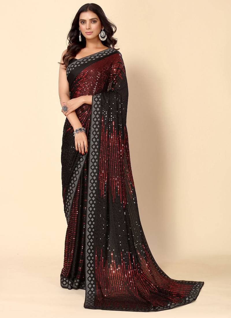 Vegaa Fashion Maroon Heavy Georgette Sequence Embroidery Saree