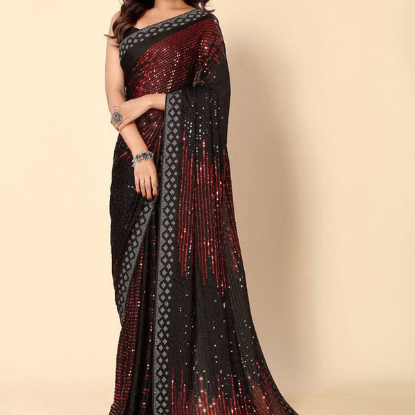 Vegaa Fashion Maroon Heavy Georgette Sequence Embroidery Saree - Distacart