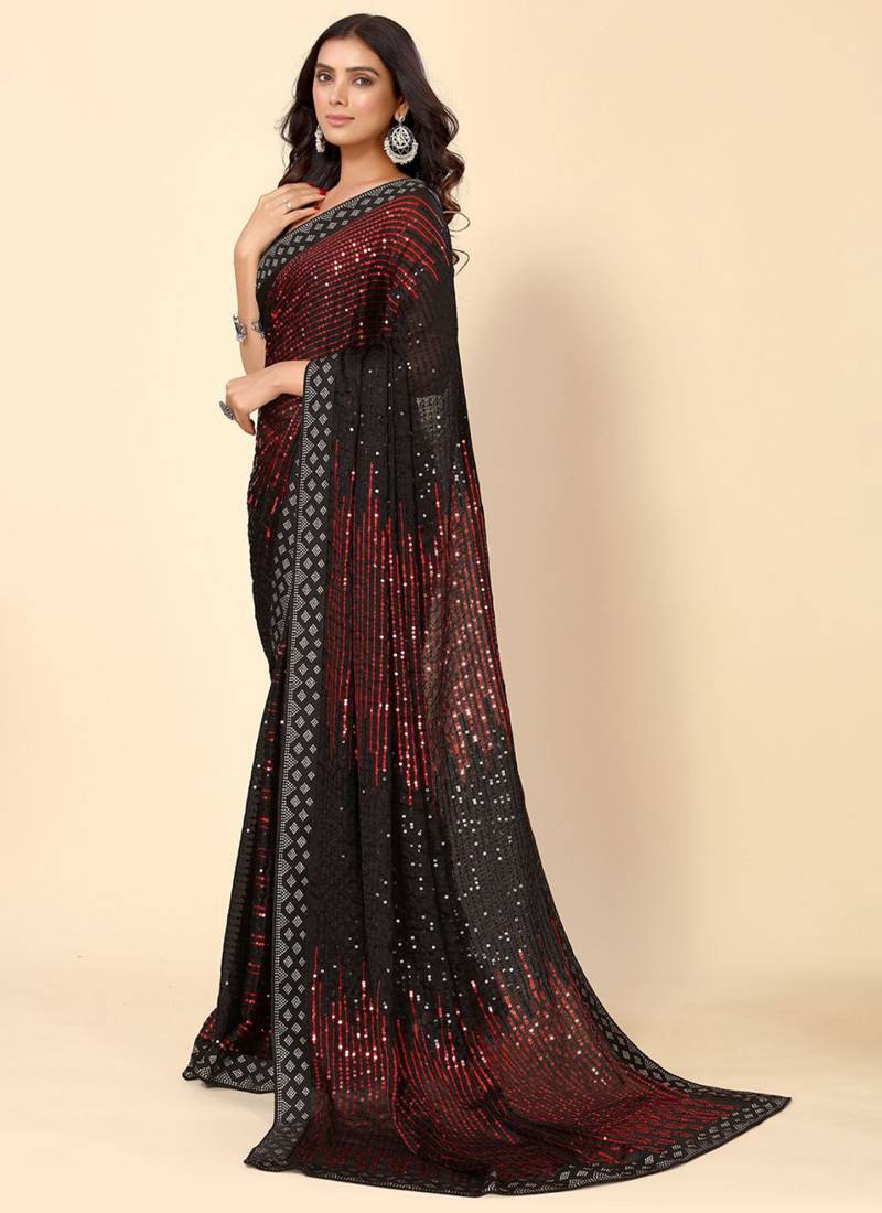 Vegaa Fashion Maroon Heavy Georgette Sequence Embroidery Saree