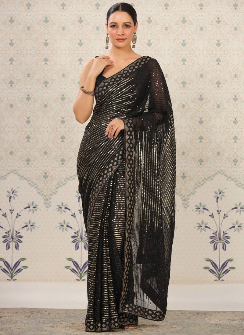 Vegaa Fashion Black Heavy Georgette Sequence Embroidery Saree