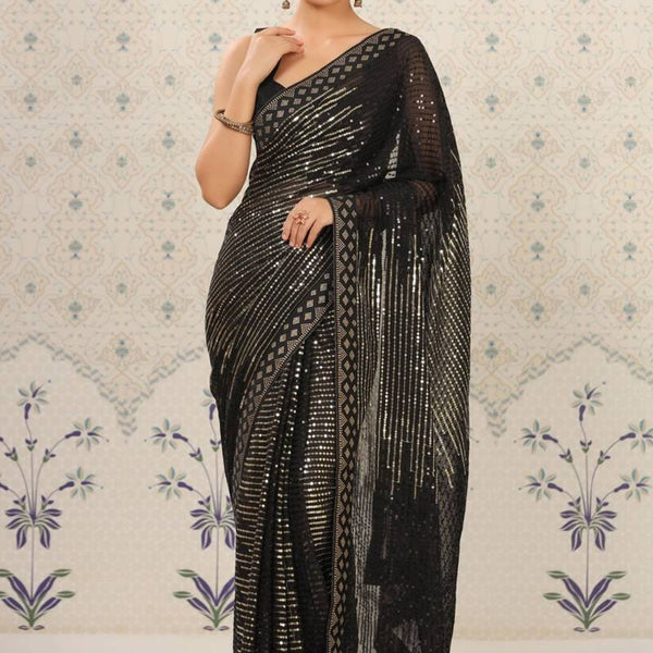 Vegaa Fashion Black Heavy Georgette Sequence Embroidery Saree - Distacart