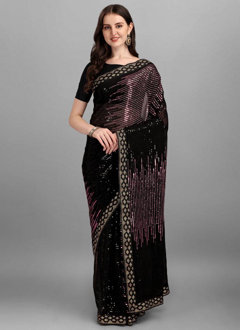Vegaa Fashion Purple Heavy Georgette Sequence Embroidery Saree