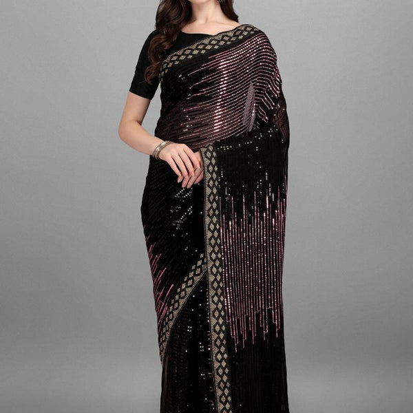 Vegaa Fashion Purple Heavy Georgette Sequence Embroidery Saree - Distacart