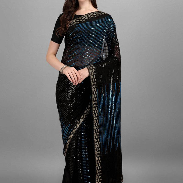 Vegaa Fashion Blue Heavy Georgette Sequence Embroidery Saree - Distacart