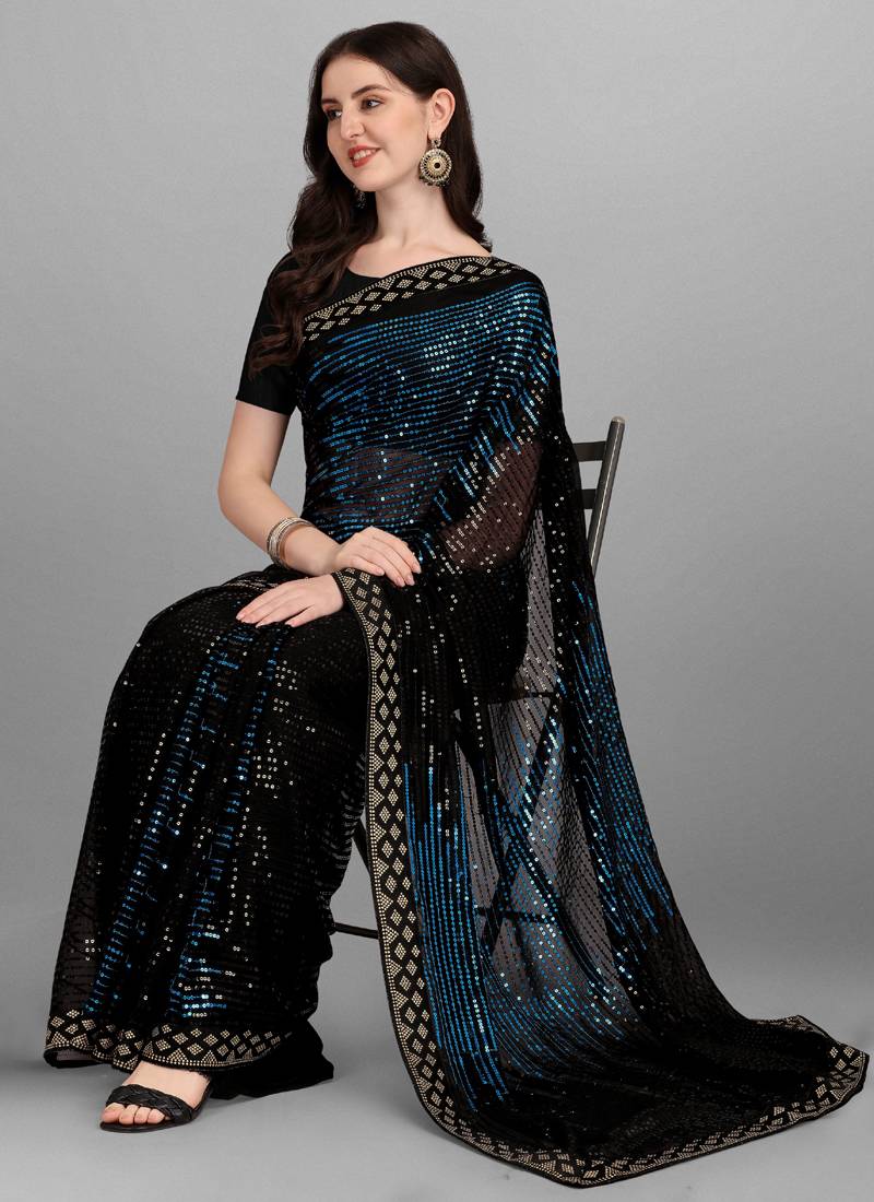Vegaa Fashion Blue Heavy Georgette Sequence Embroidery Saree