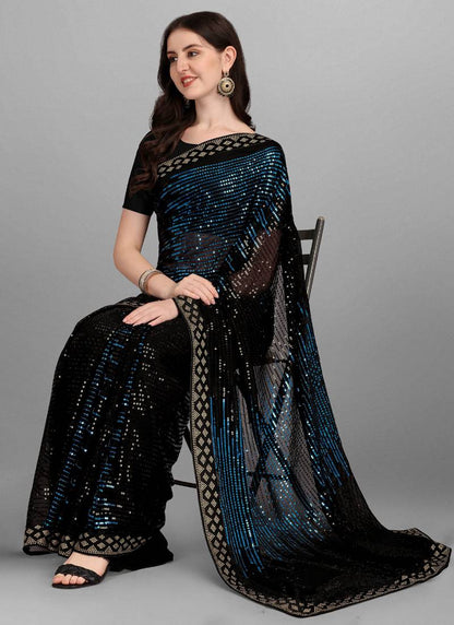 Vegaa Fashion Blue Heavy Georgette Sequence Embroidery Saree - Distacart