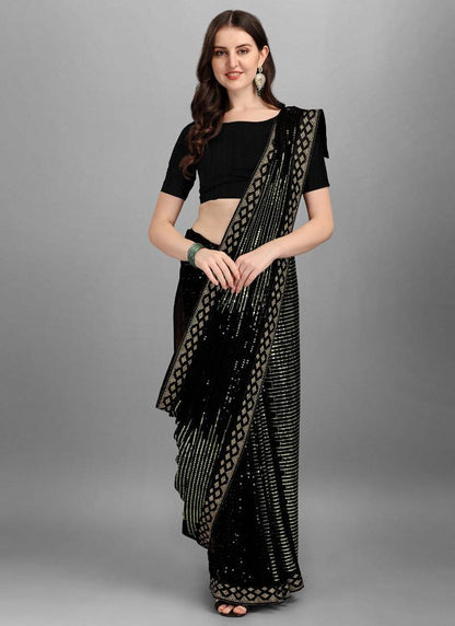 Vegaa Fashion Green Heavy Georgette Sequence Embroidery Saree - Distacart