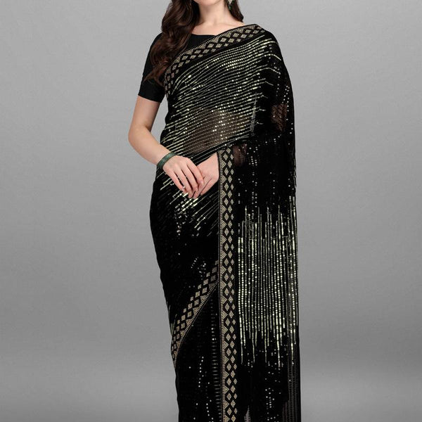 Vegaa Fashion Green Heavy Georgette Sequence Embroidery Saree - Distacart