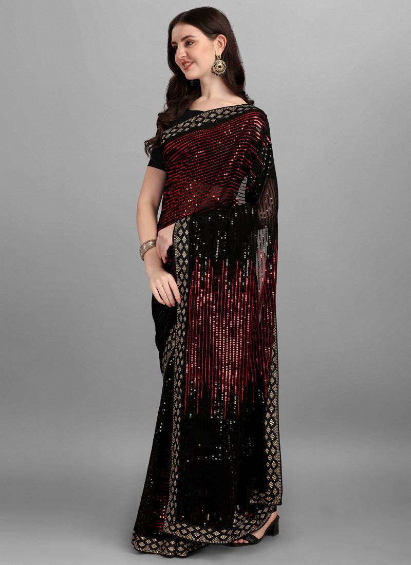 Vegaa Fashion Red Heavy Georgette Sequence Embroidery Saree
