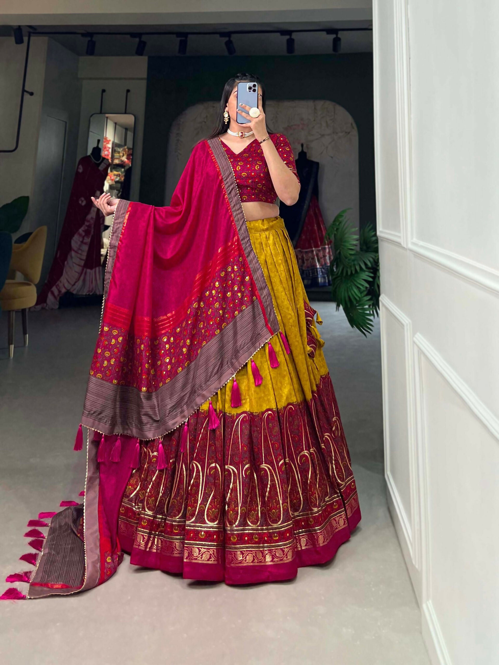 Vastranavya Kashmiri Print With Foil Print Lehenga with Unstitched Printed Blouse - Mustard - Distacart