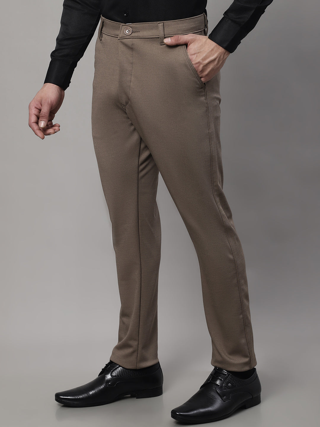 Jainish Men's Dark-Beige Tapered Fit Formal Trousers - Distacart