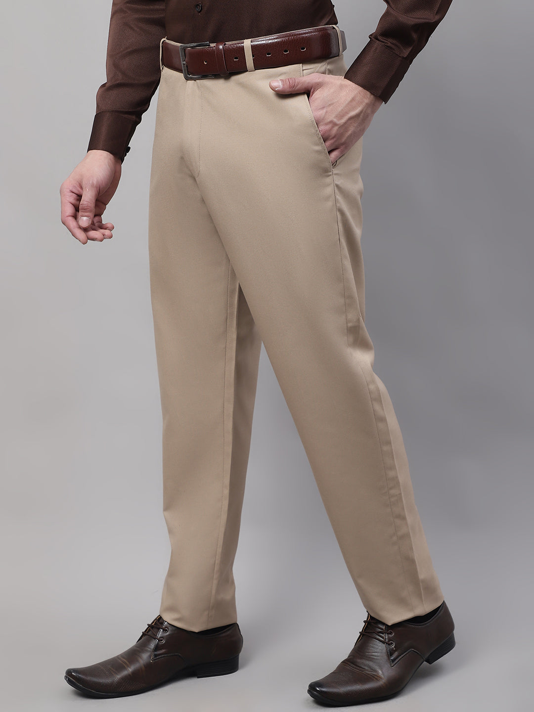 Jainish Men's Beige Tapered Fit Formal Trousers - Distacart