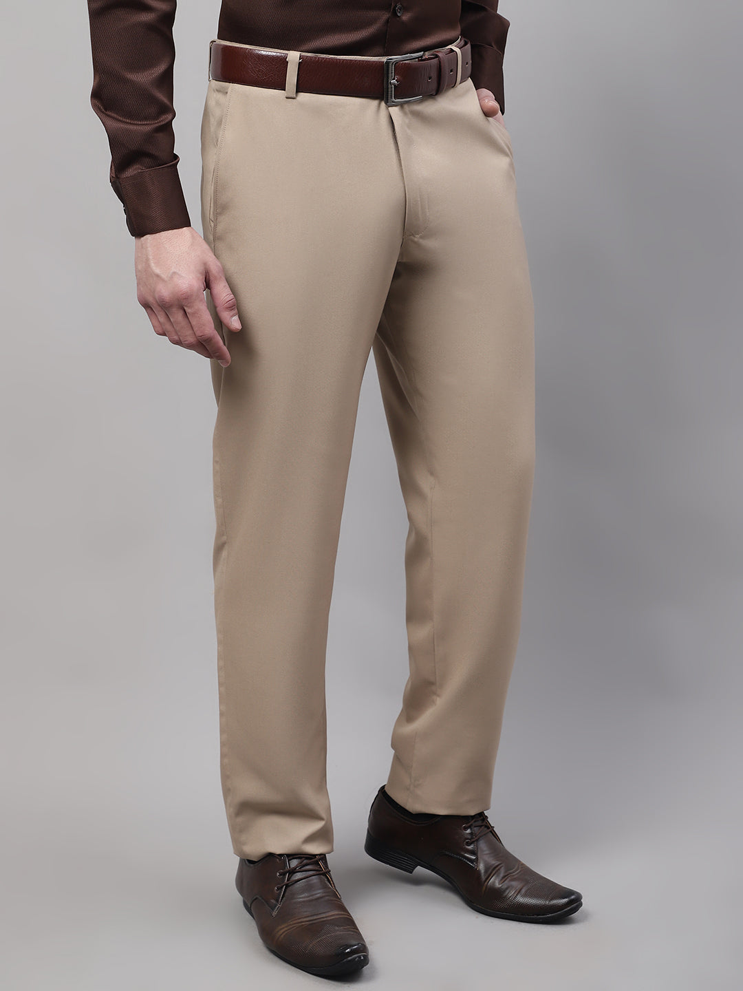 Jainish Men's Beige Tapered Fit Formal Trousers - Distacart