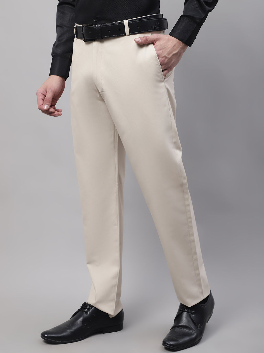 Jainish Men's Cream Tapered Fit Formal Trousers - Distacart