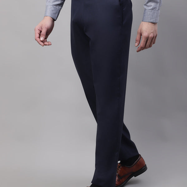Jainish Men's Navy Tapered Fit Formal Trousers - Distacart