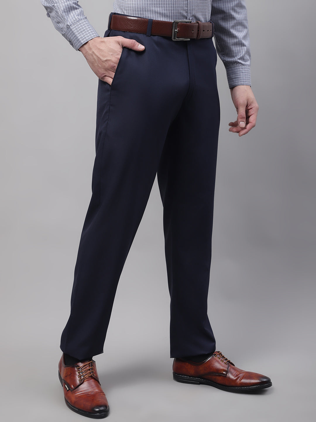 Jainish Men's Navy Tapered Fit Formal Trousers - Distacart