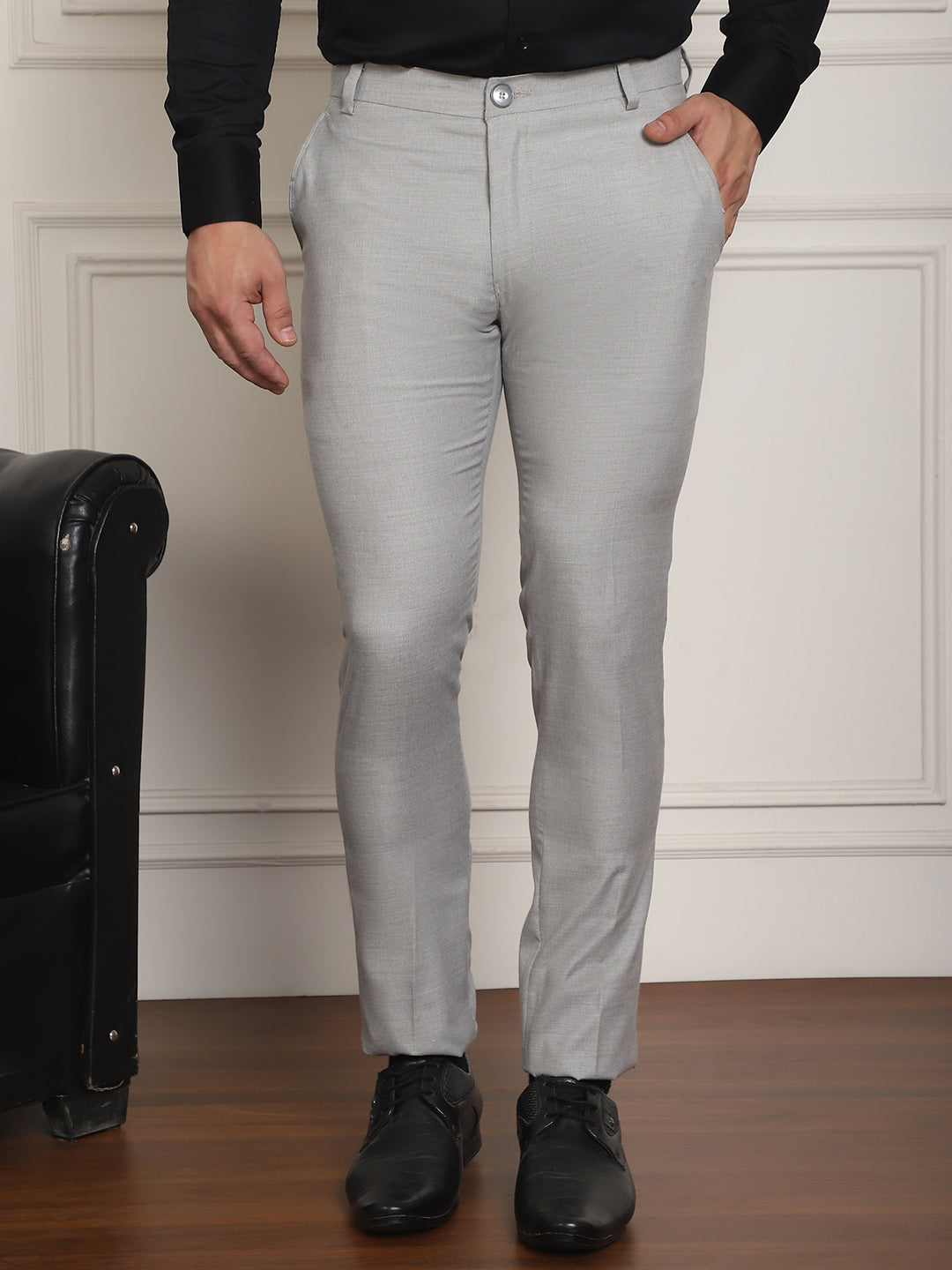 Indian Needle Men's Tapered Fit Solid Trousers - Light-Grey - Distacart