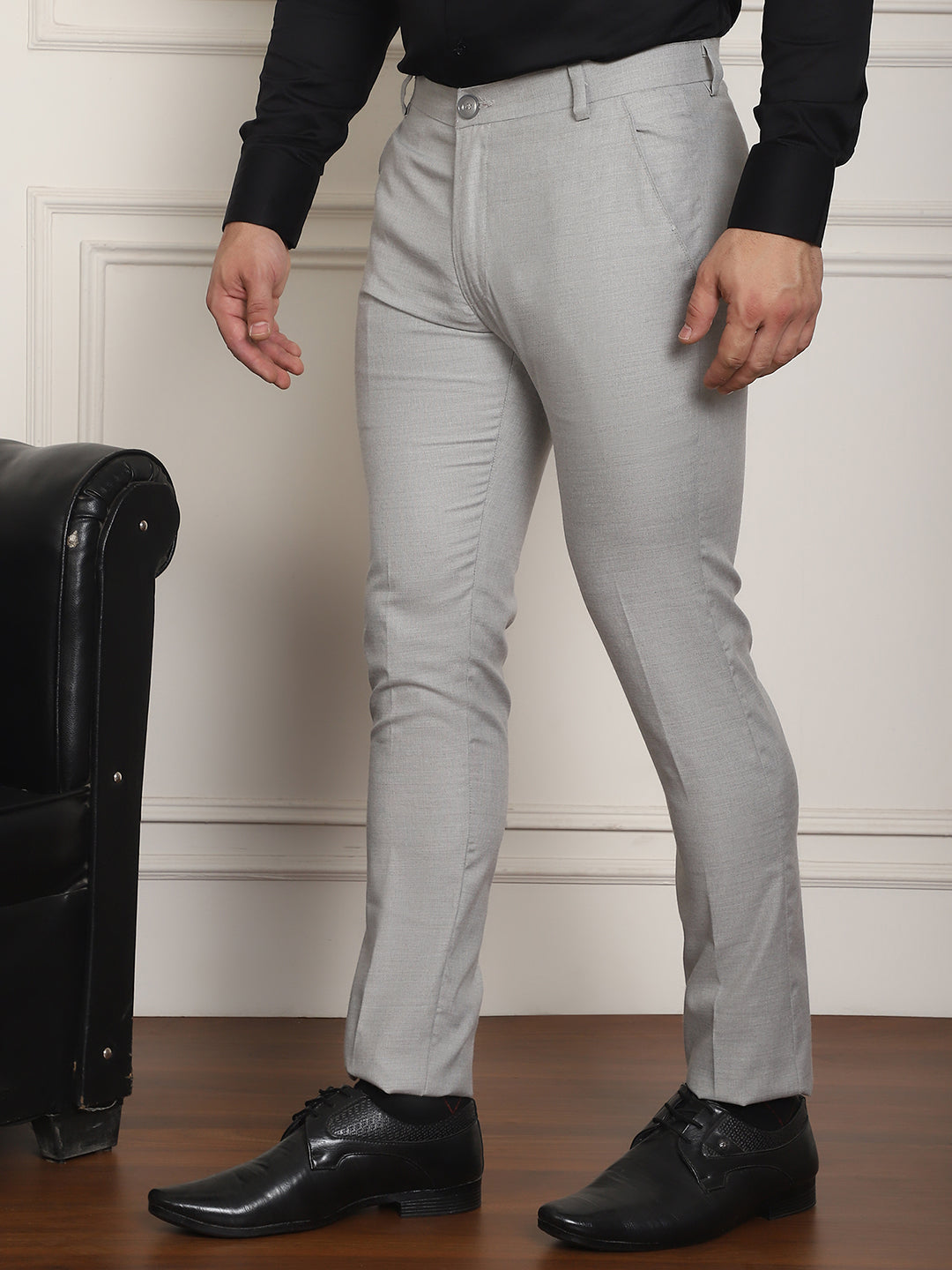 Indian Needle Men's Tapered Fit Solid Trousers - Light-Grey - Distacart