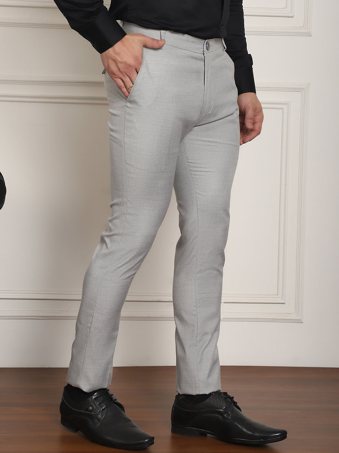 Indian Needle Men's Tapered Fit Solid Trousers - Light-Grey - Distacart