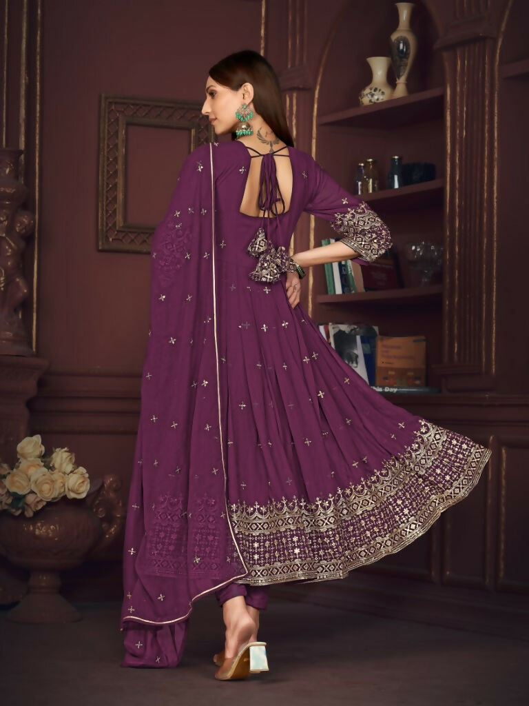 Jyoti Fashion Women's Purple Georgette Embroidered Anarkali Kurta Pant Set With Dupatta - Distacart