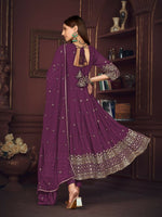 Thumbnail for Jyoti Fashion Women's Purple Georgette Embroidered Anarkali Kurta Pant Set With Dupatta - Distacart
