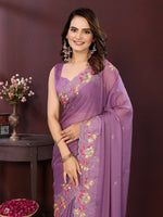Thumbnail for Ai Fashion Light Purple Soft Star Georgette Embroidery Party Wear Saree