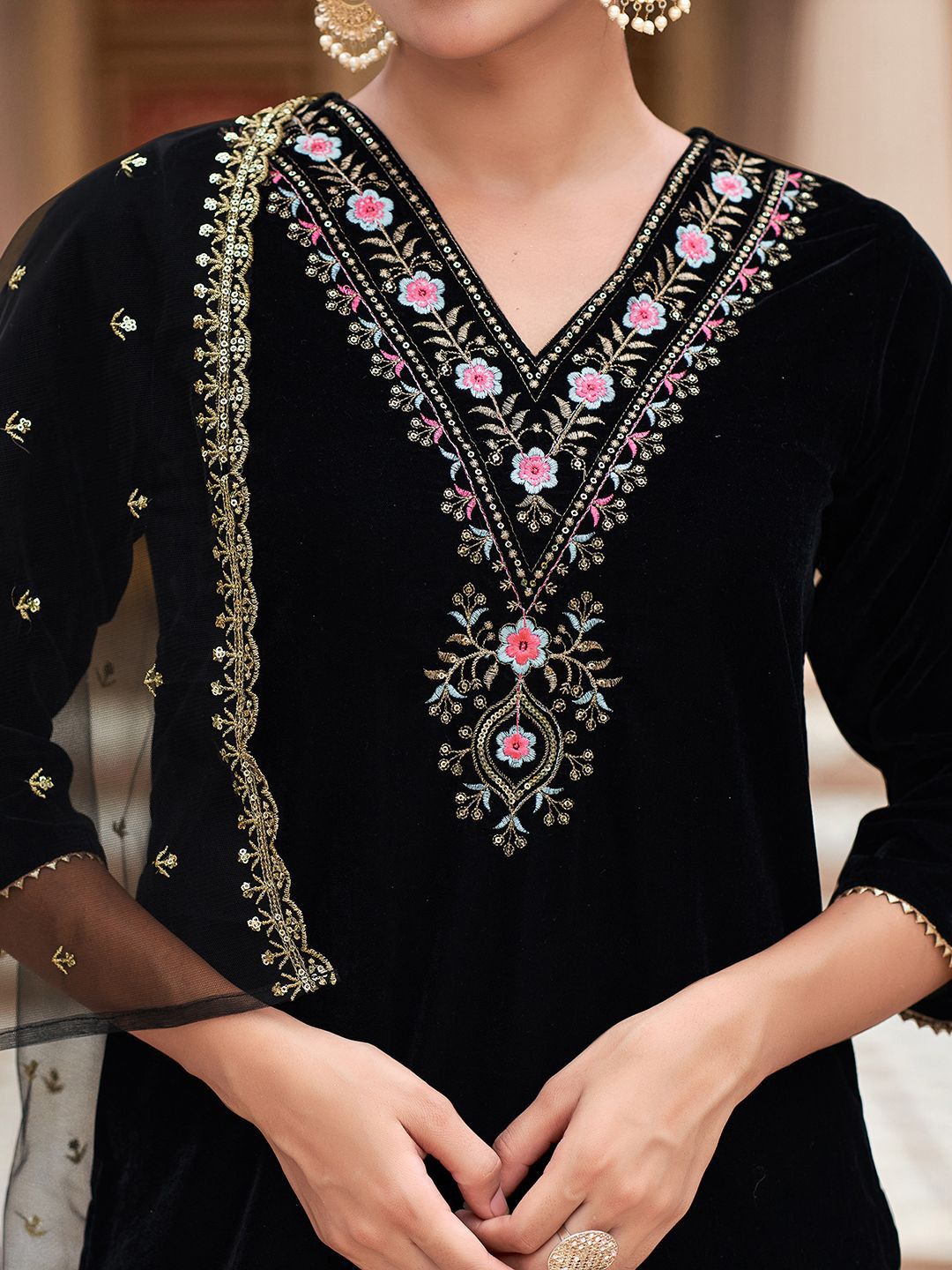 Kalini Floral Embroidered Sequinned Velvet Straight Kurta With Trousers & Dupatta - Distacart