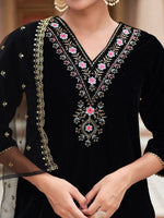 Thumbnail for Kalini Floral Embroidered Sequinned Velvet Straight Kurta With Trousers & Dupatta