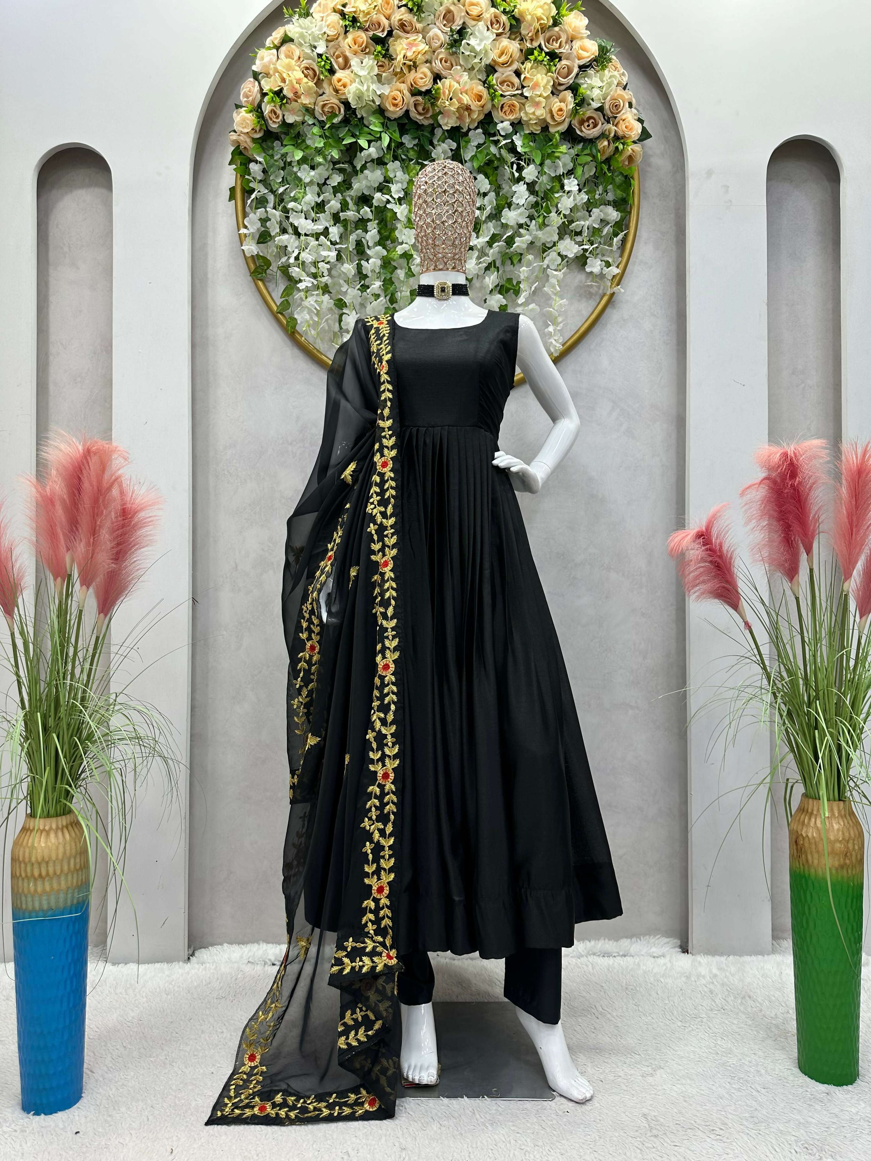 Preksha Creation Chinon Silk Black Women Gown With Dupatta And Pant - Black - Distacart