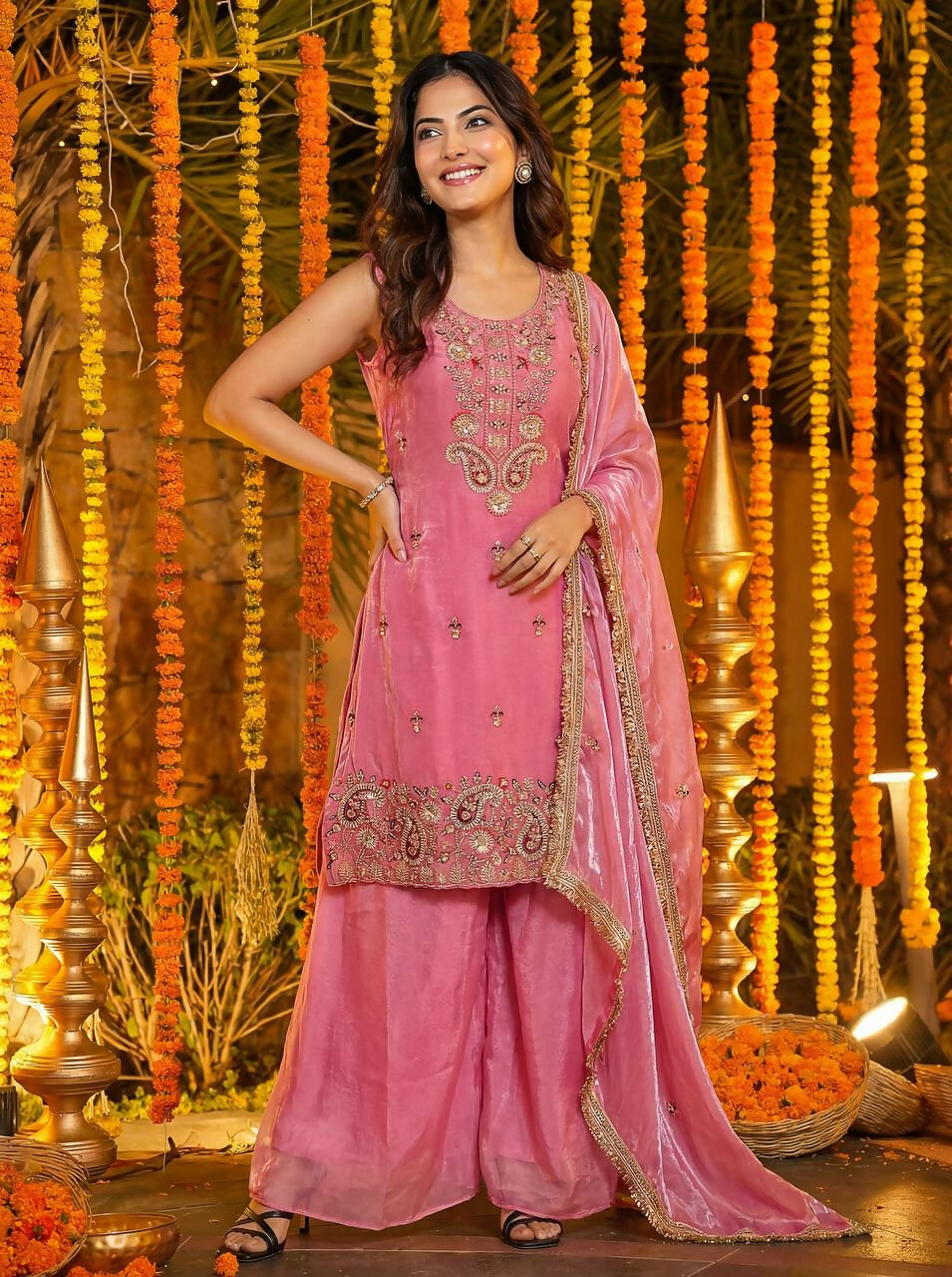 Joban Fashion Pink Silk Embroidered Sharara Set - Distacart