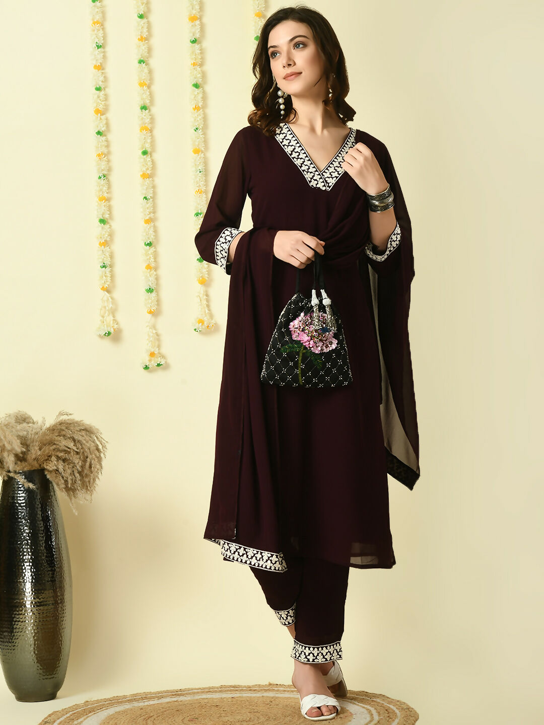 Myshka Women's Coffee Brown Georgette Kurta & Trousers With Dupatta Party Sets - Distacart