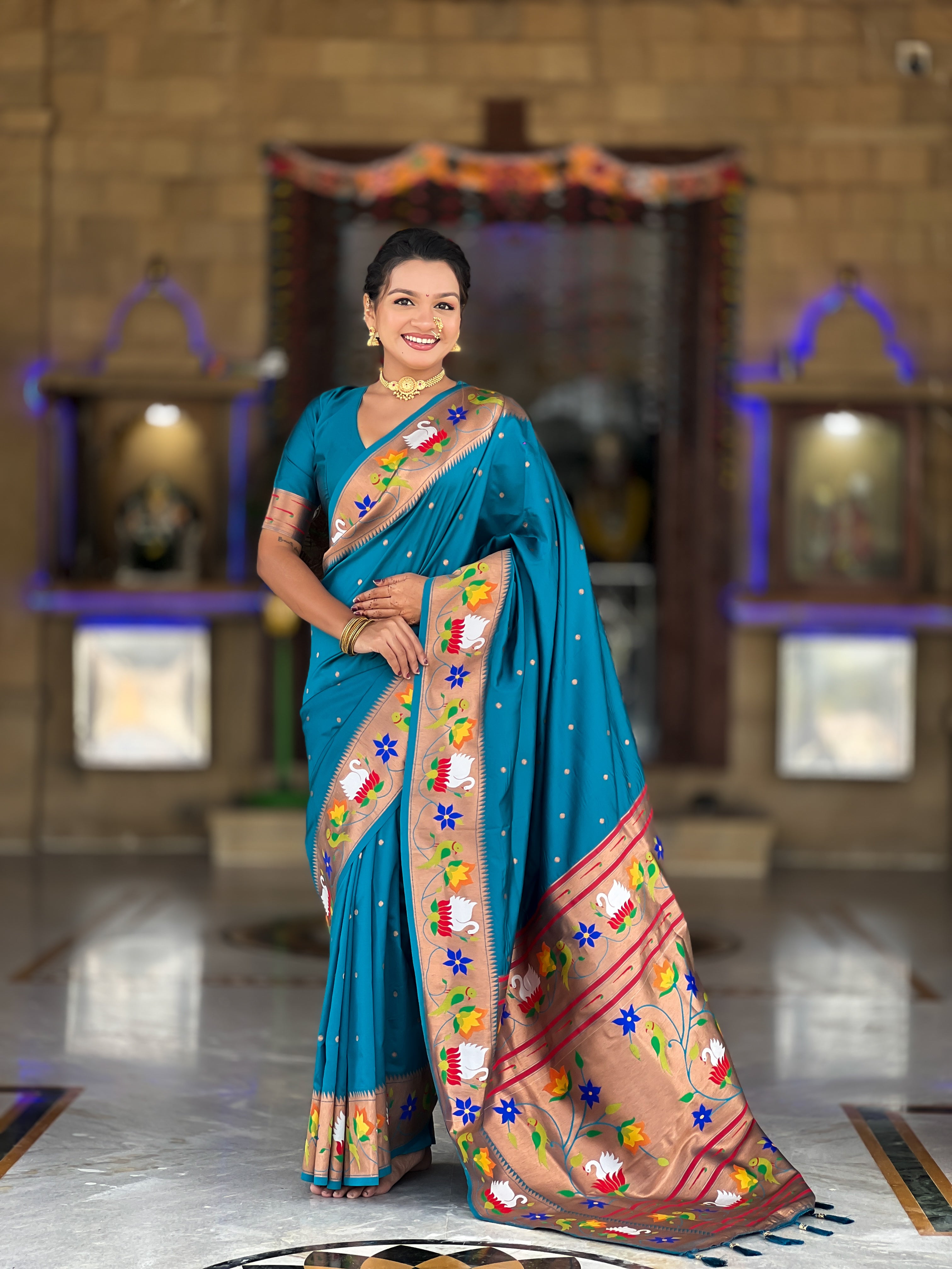 Mameraa Sarees Sky Faux Banarasi Silk Saree With Paithani Rich Weaved Pallu And Blouse-Sky_Blue - Dista