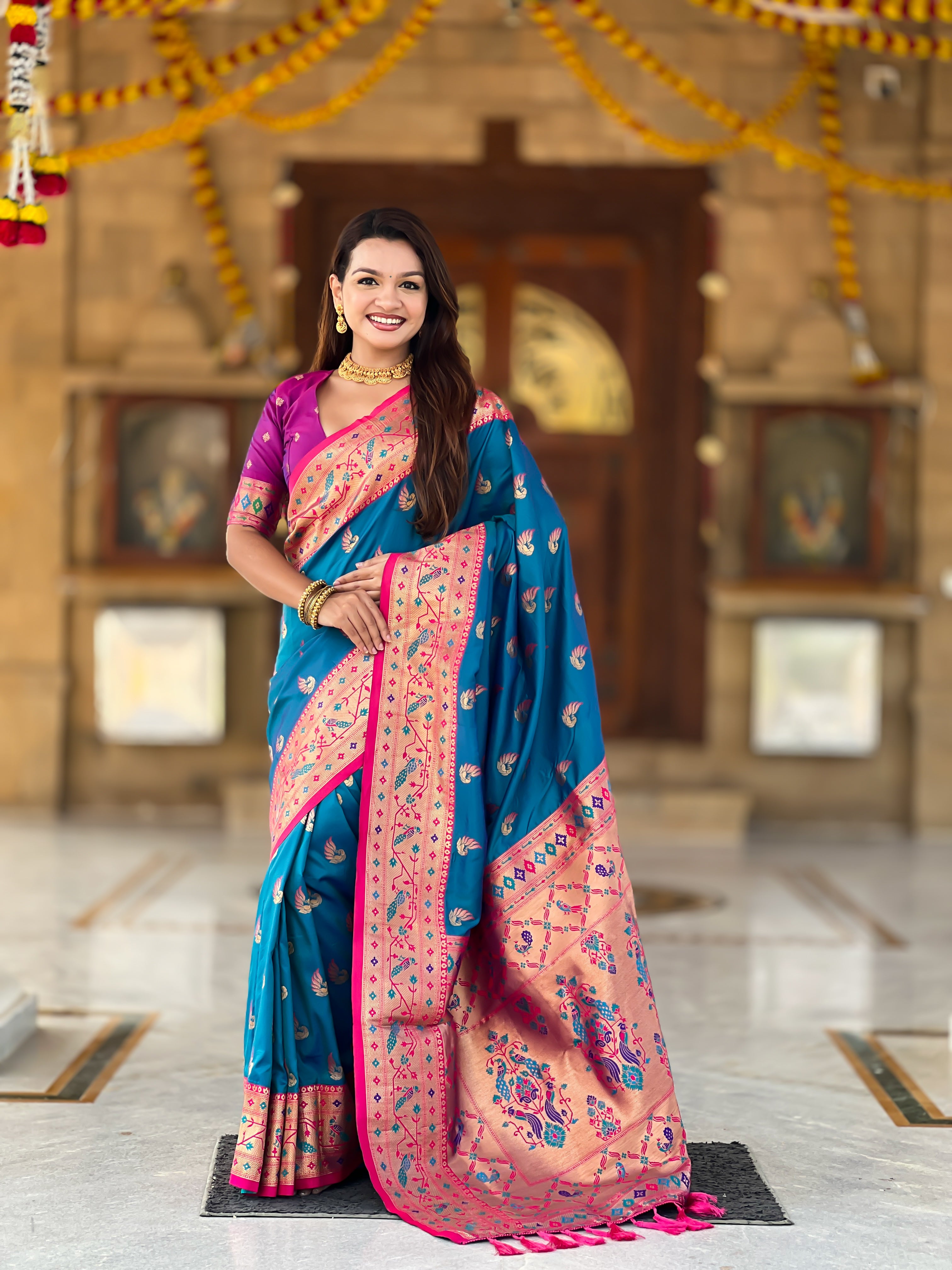 Mameraa Sarees Teal Blue Faux Banarasi Silk Saree With Paithani Rich Weaved Pallu And Blouse-Teal - Dista