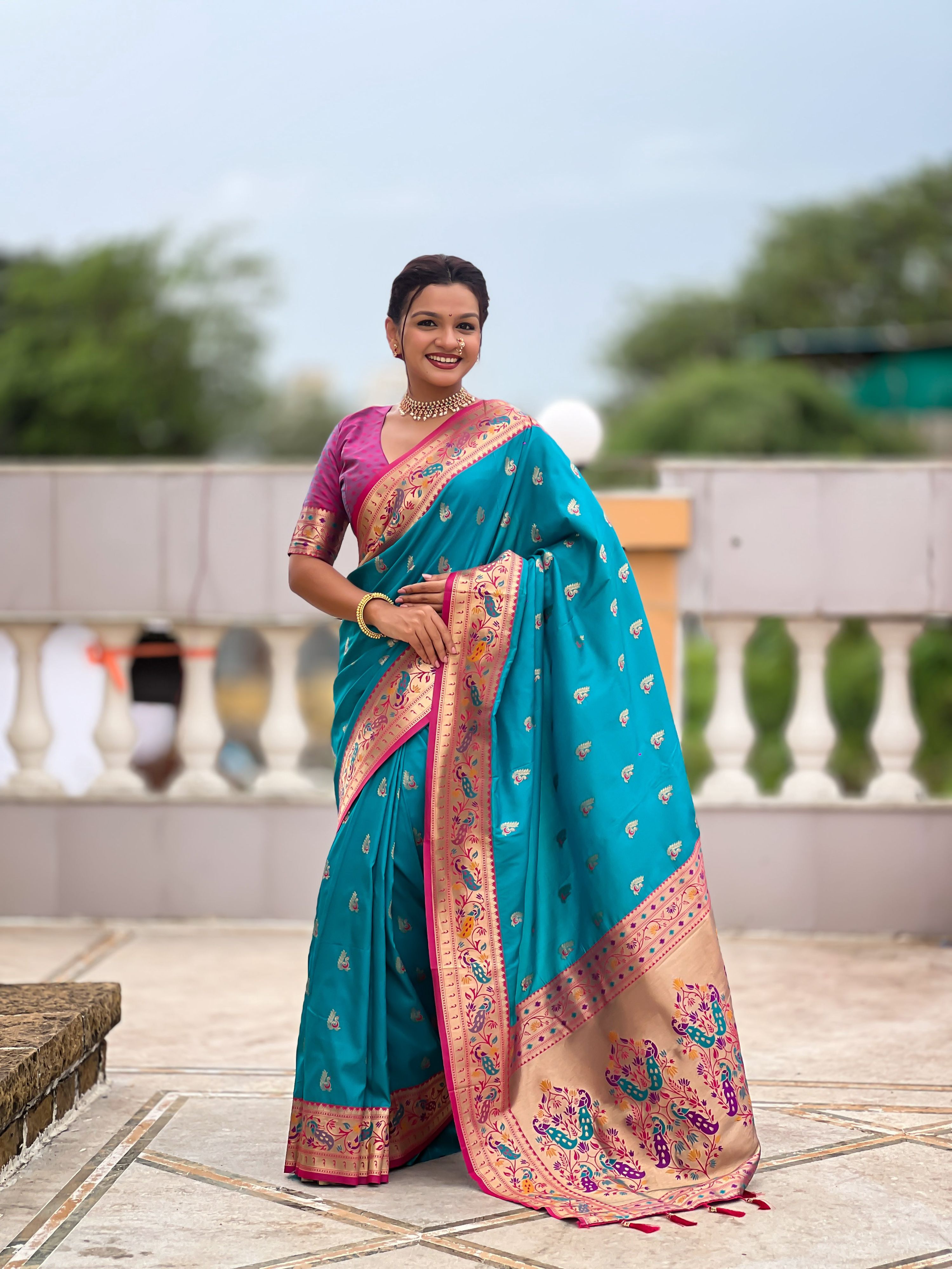 Mameraa Sarees Sky Blue Faux Banarasi Silk Saree With Paithani Rich Weaved Pallu And Blouse-Sky_Blue - Dista